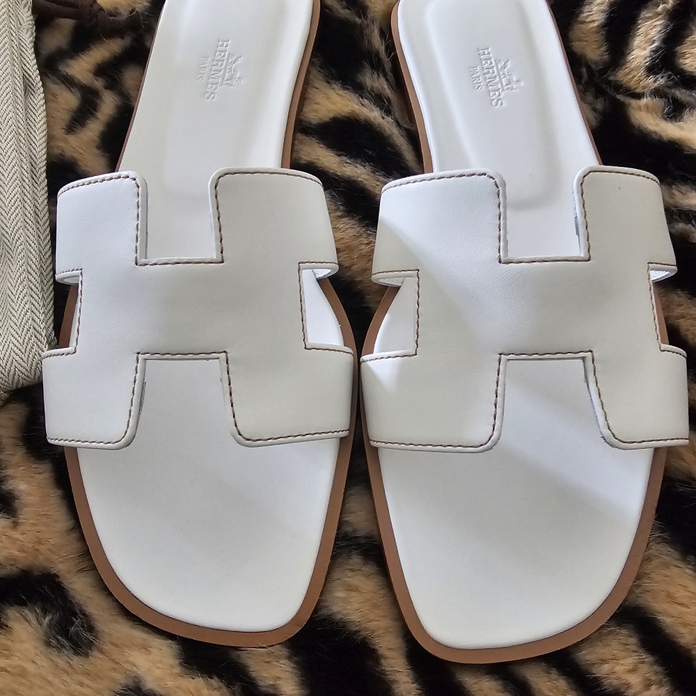 Hermes White Oran Leather Sandals